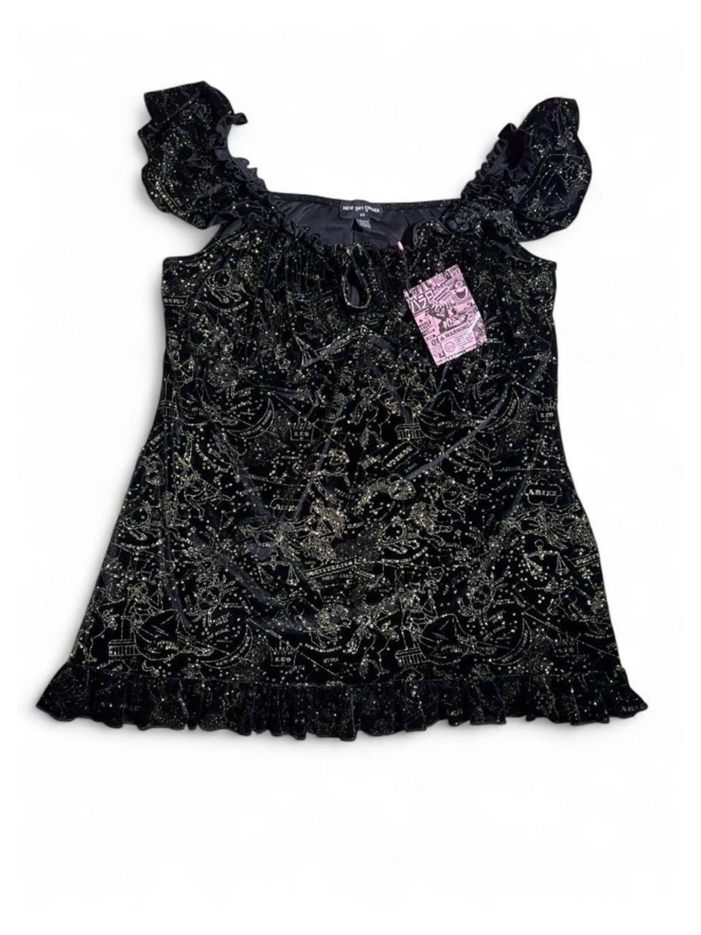 Black celestial print puff sleeve babydoll dress